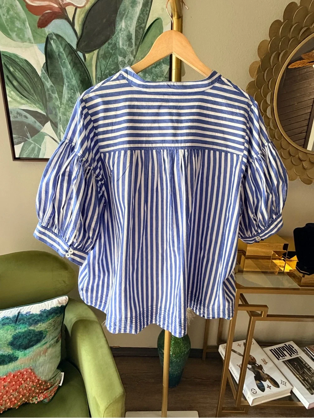 Anthropologie Blue White Striped Puff Sleeve Popover Blouse 2X Cotton Relaxed